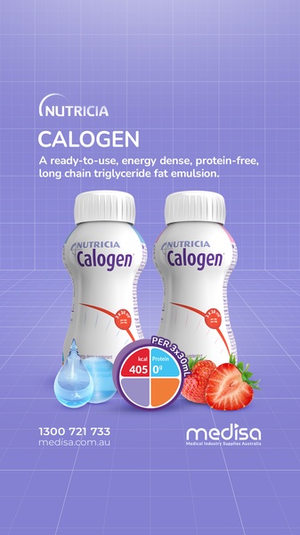 A 9:16 vertical ad creative highlighting Calogen's energy-dense, protein-free properties with a clean, clinical aesthetic.